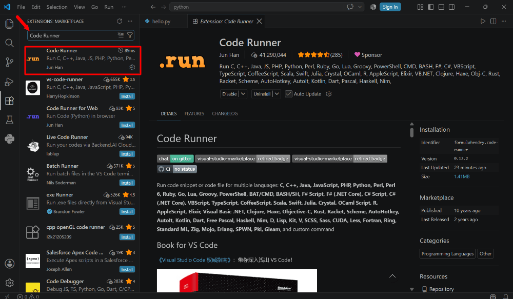 Installing the code runner extension in VS Code