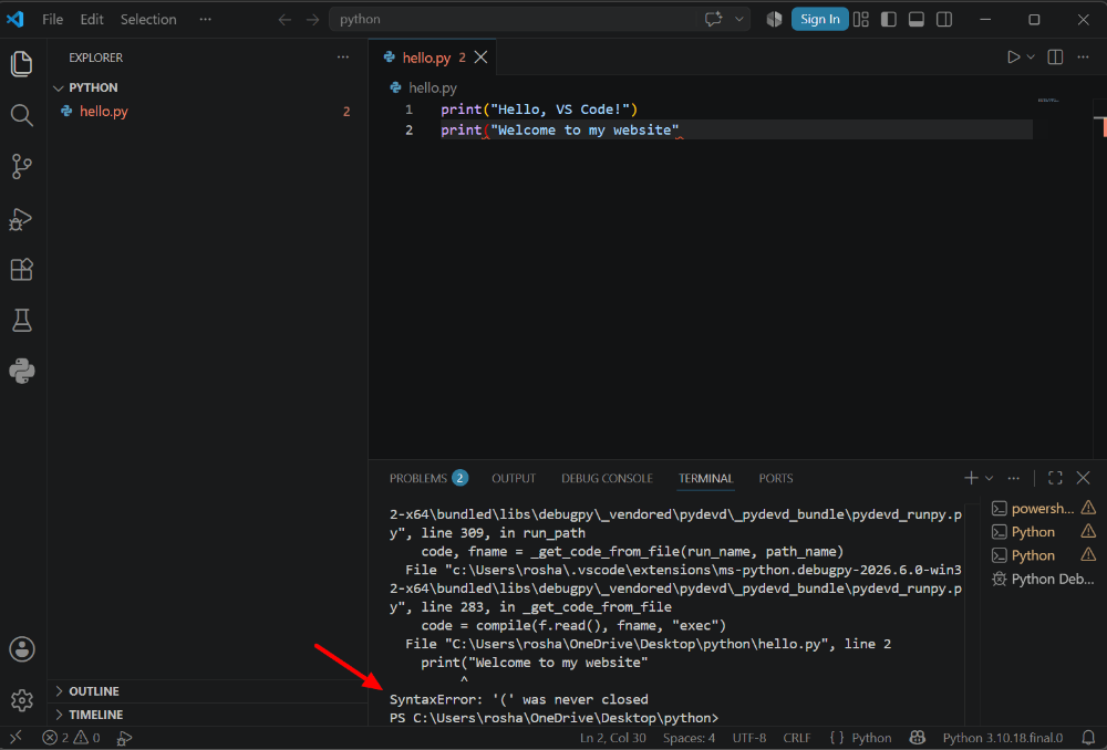 Debugging Python code in VS Code with a breakpoint set