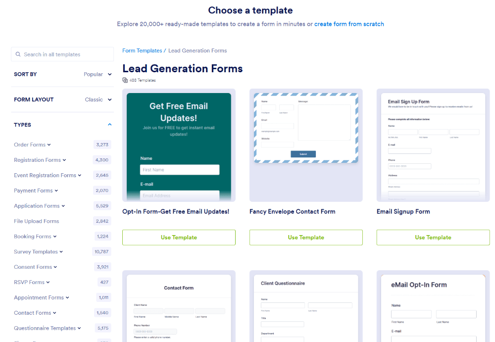 Jotform templates and leads