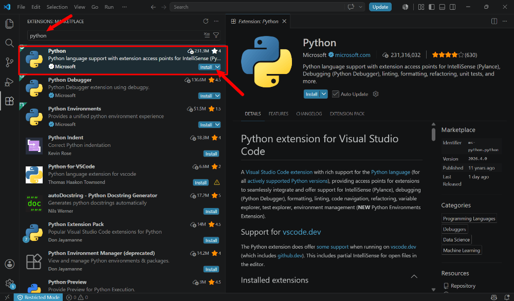 Installing the official Python extension in VS Code