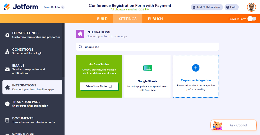 event integration option with google sheets