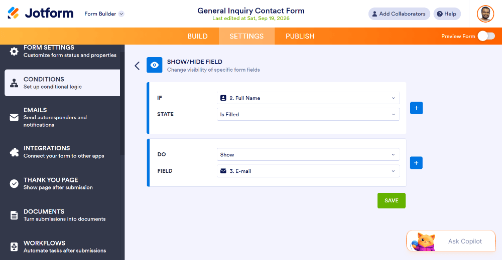 Jotform conditional logic