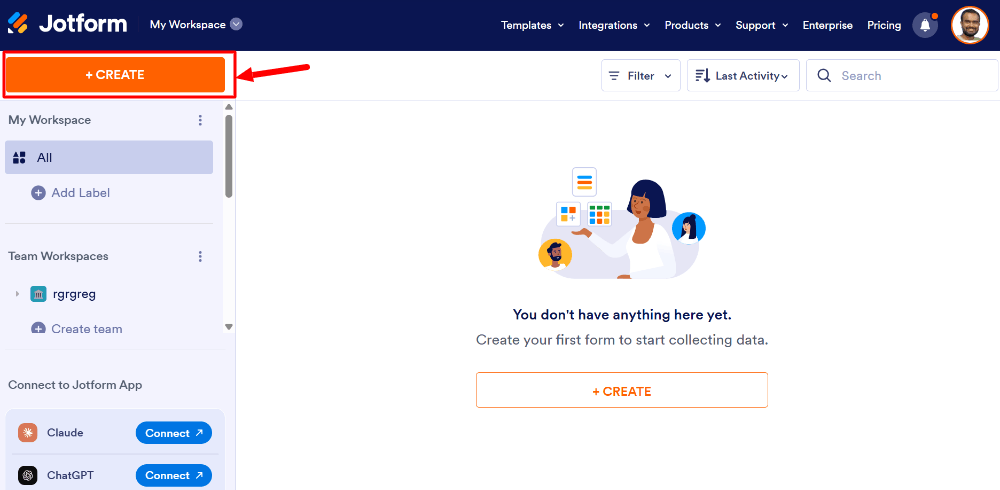 Jotform dashboard create form button