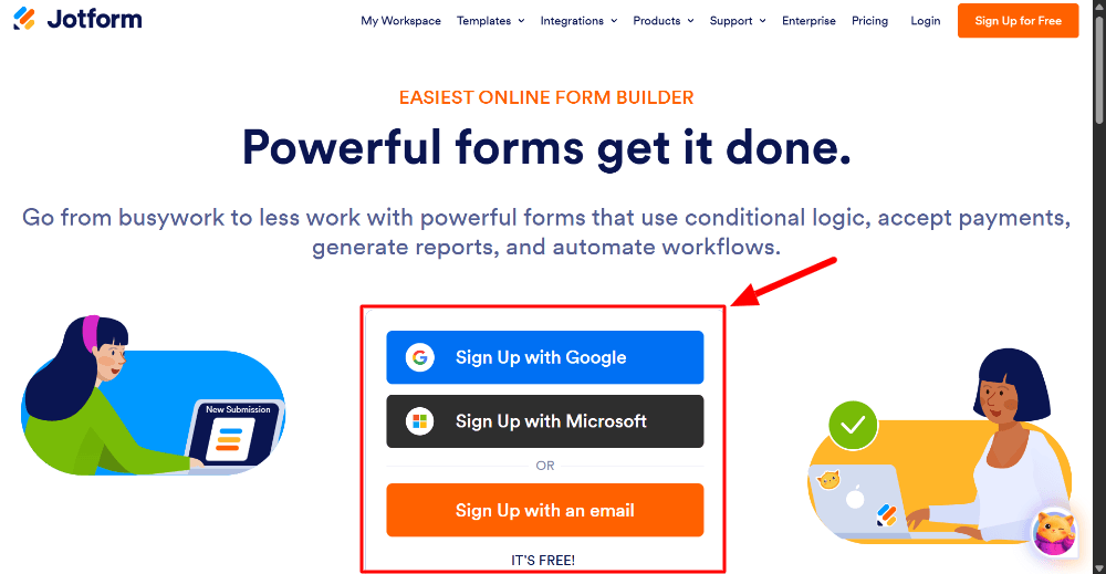 Jotform homepage showing signup options