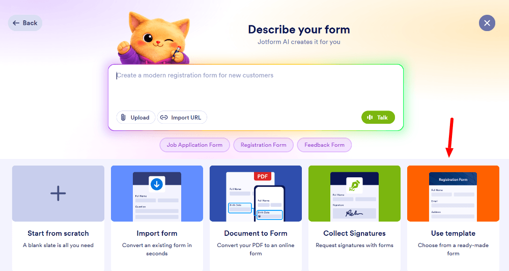 Jotform showing options use template