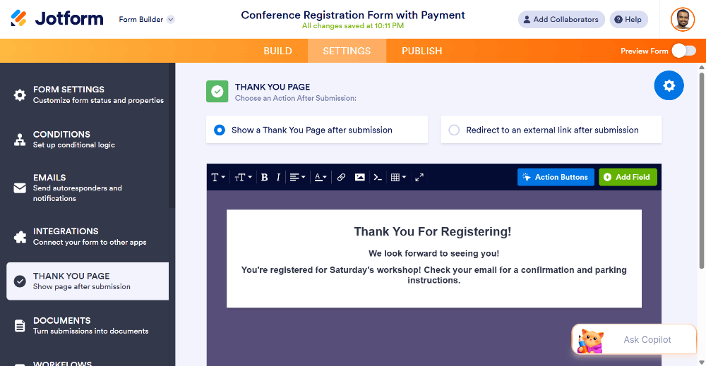 Event registration thank you page