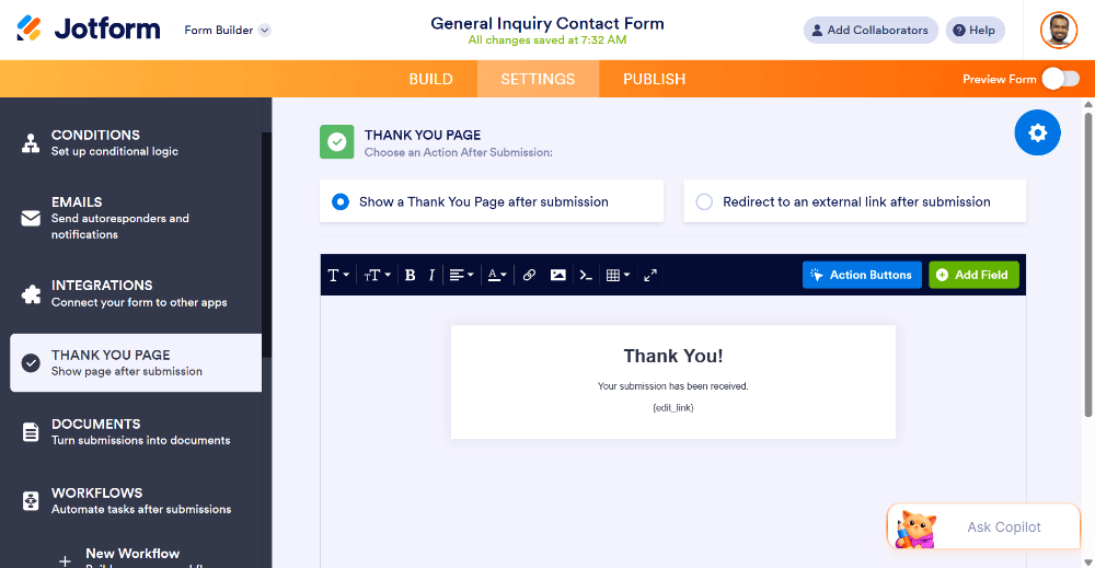 Setup a thank you page