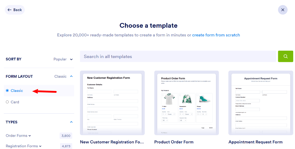 Choosing between Classic and Card form layouts in Jotform