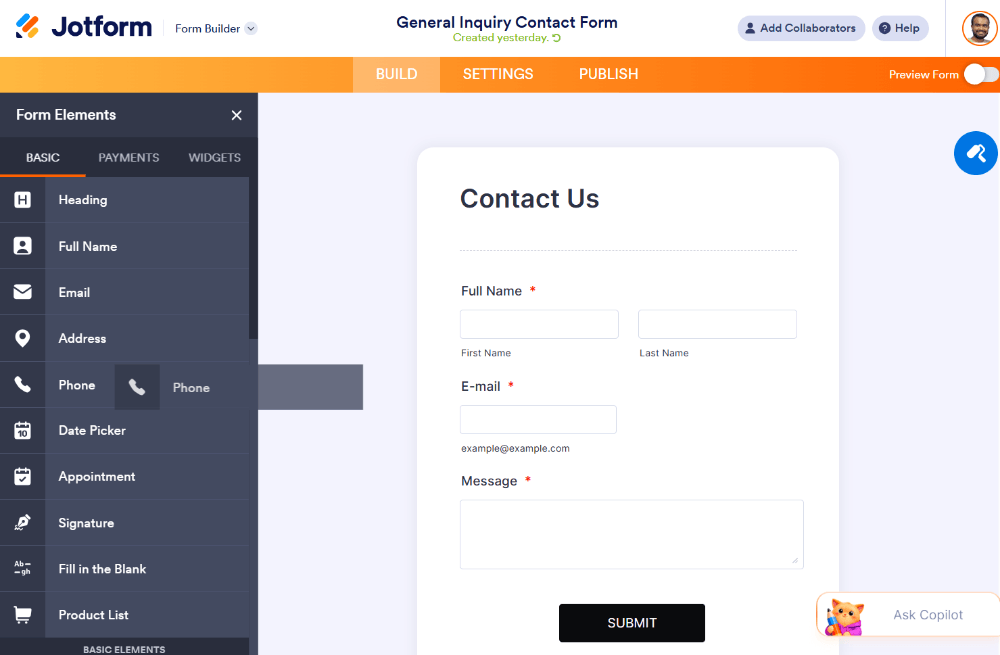 Adding a form element in the Jotform builder