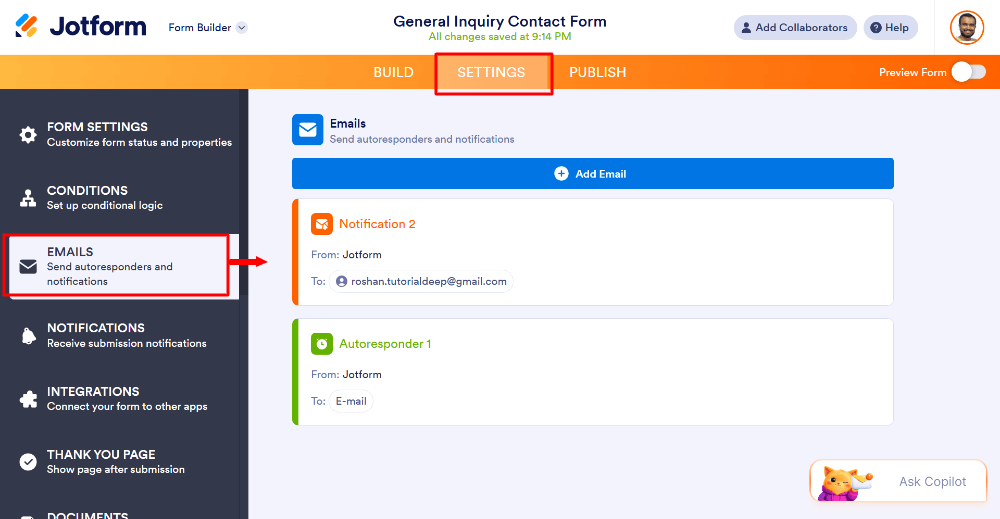 Jotform email notification and autoresponder settings