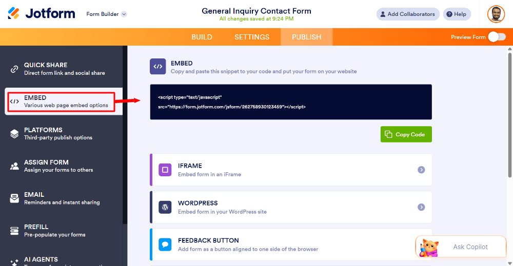 Publishing and sharing a Jotform form link