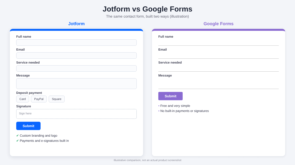 Jotform vs Google Forms side-by-side comparison of the same contact form