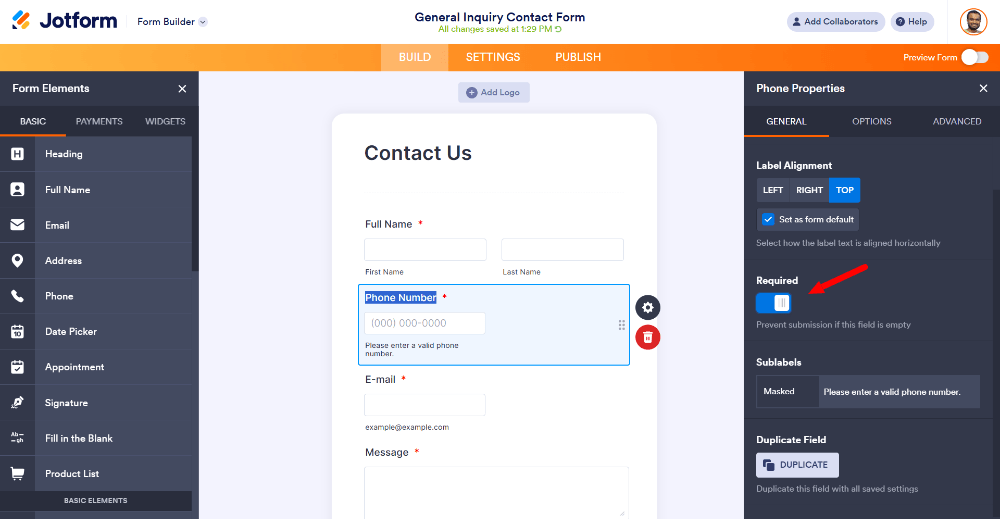 Editing a field and setting it as required in Jotform