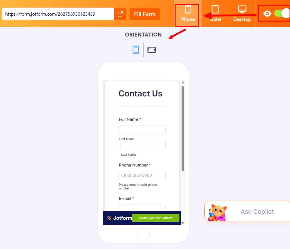 Previewing a Jotform form in mobile view