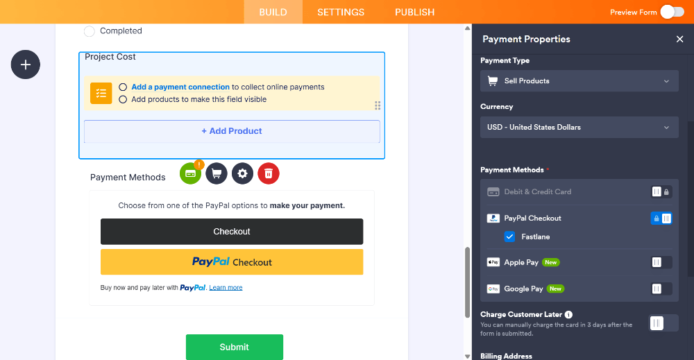 Adding a payment field to a Jotform form to collect client deposits