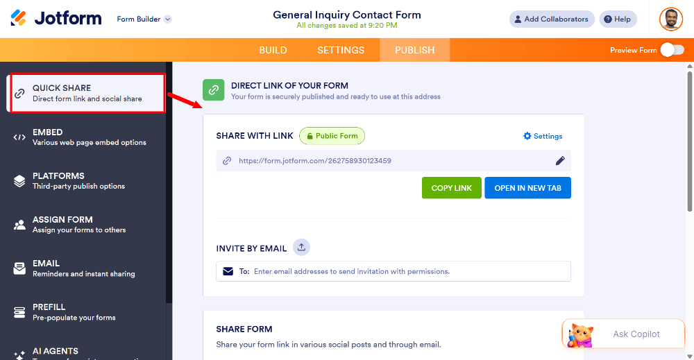 Publishing and sharing a Jotform form link