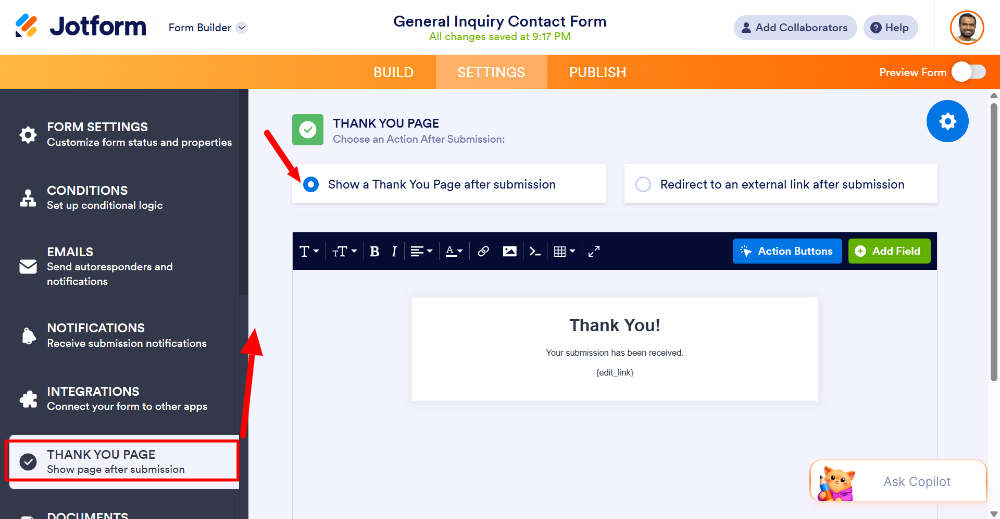 Setting up a custom Thank You page in Jotform